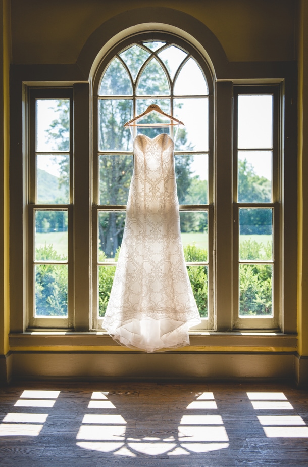 Wedding Dress in Window at a Highlands Country Club Wedding in Garrison, NY