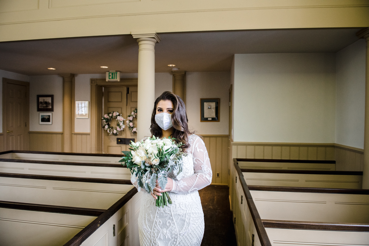 bride at chapel restoration wedding
