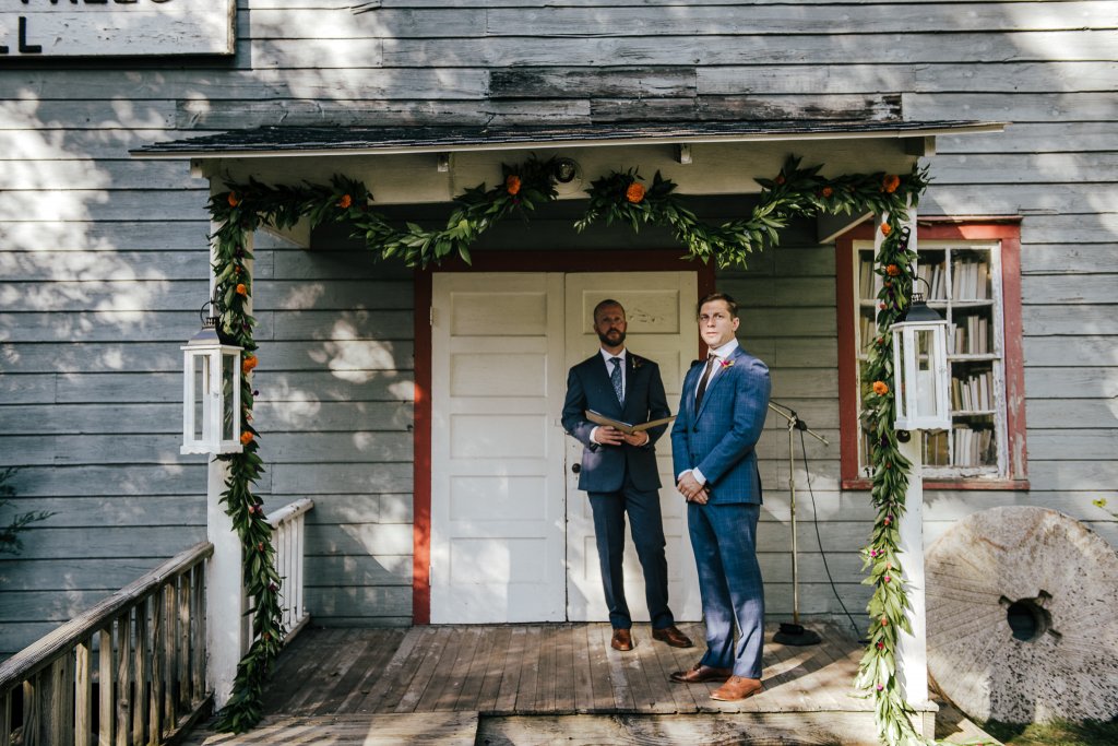 the groom waits at Shinglekill Falls wedding ceremony