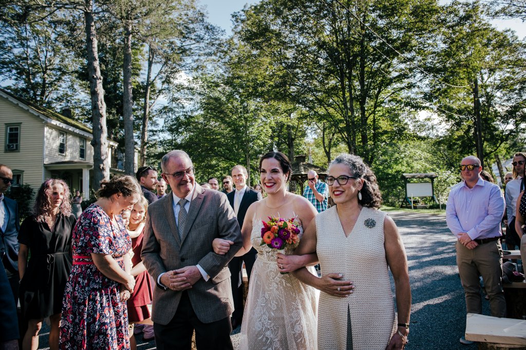 bride walking down the aisle at a catskill wedding