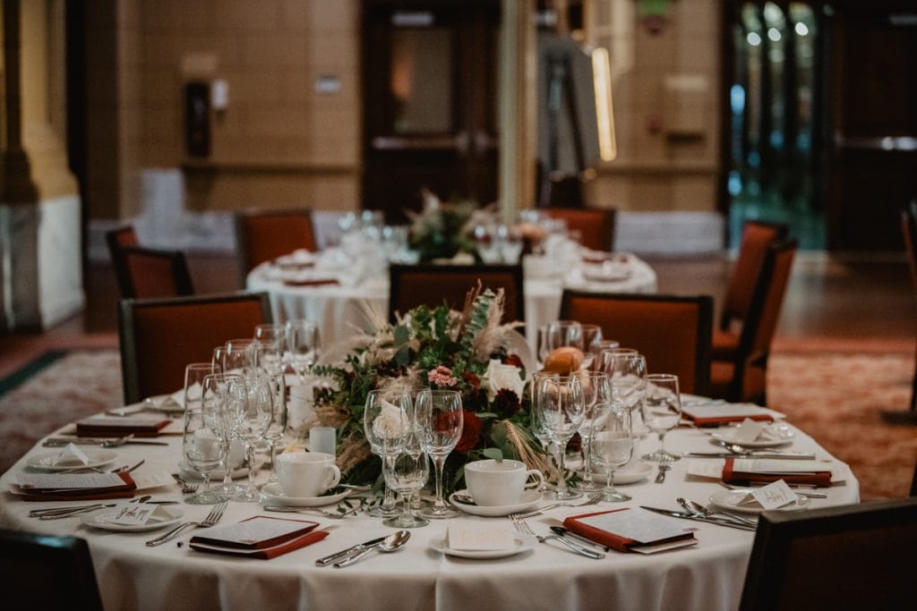 tables cape at the Culinary Institute Of America (CIA) Hyde Park wedding in Farquhausen Hall